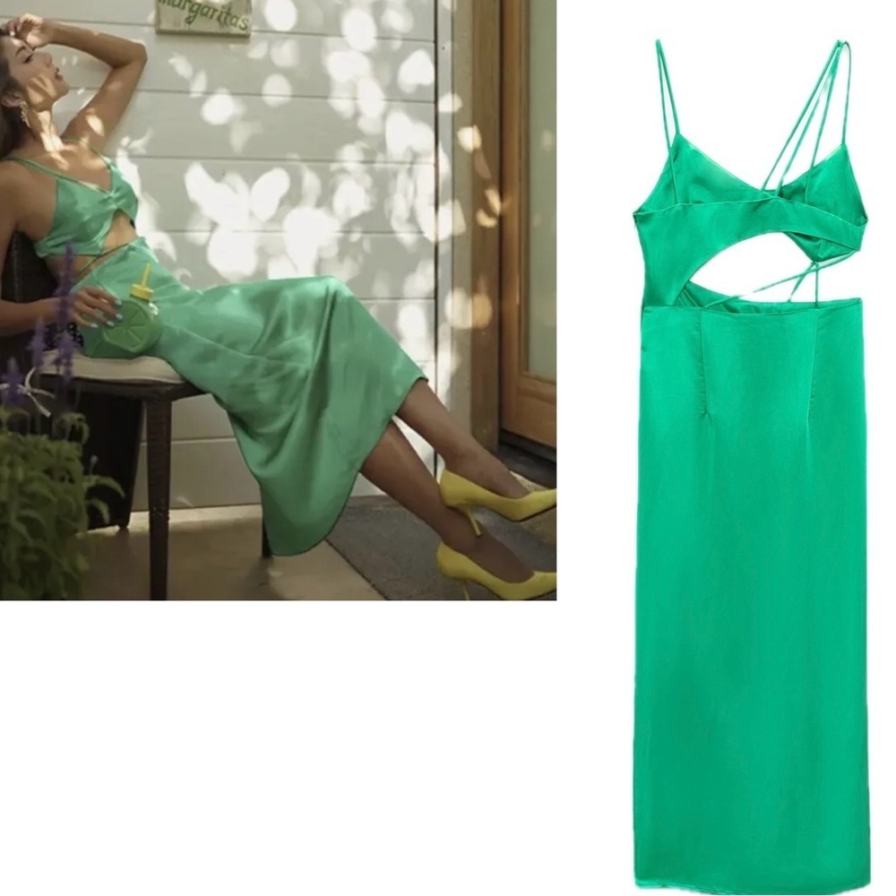 Zara green satin effect asymmetrical cut-out strappy crisscross slit midi dress - Picture 7 of 12
